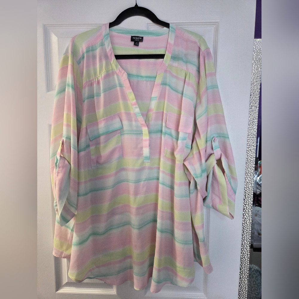 torrid Pastel Striped Split-Neck Tunic Top - Pink, Mint, Yellow